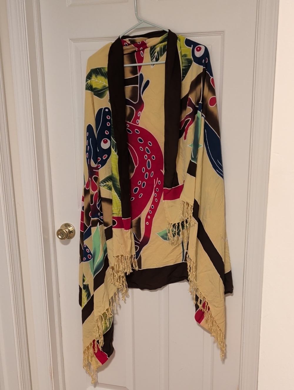 Beige Red Nautical Octopus Print Shawl with Fringe